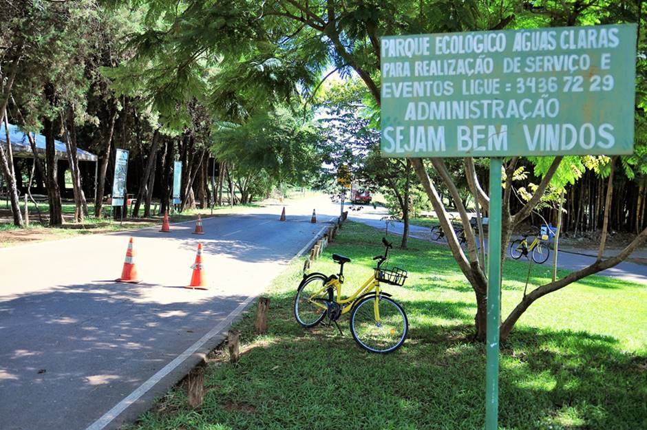 Placa verde em parque arborizado. Bicicleta na grama e cones laranjas em pista de asfalto