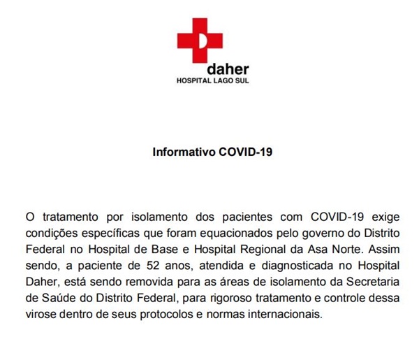 Hospital Daher divulga nota sobre caso de paciente com exame positivo para coronavírus no DF