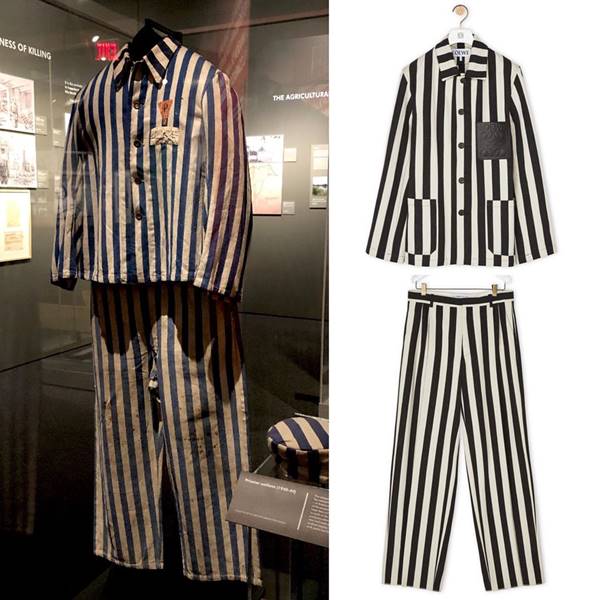 Conjunto listrado da marca Loewe comparado aos uniformes dos prisioneiros de Auschwitz
