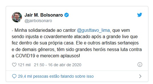 Print Bolsonaro apoiando Gusttavo Lima