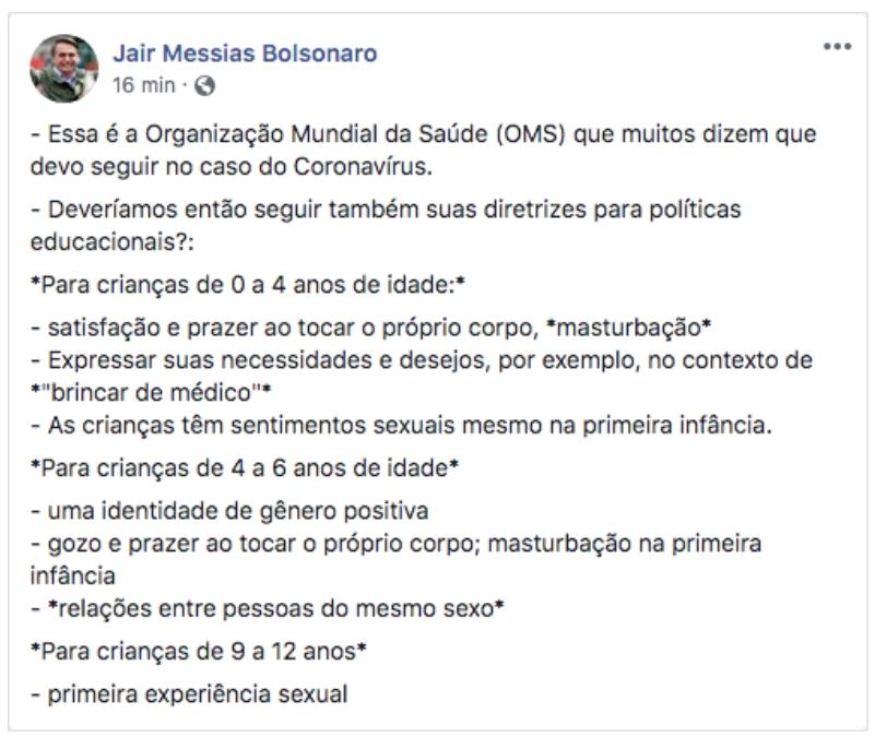 Bolsonaro diz que OMS incentiva masturbação para crianças