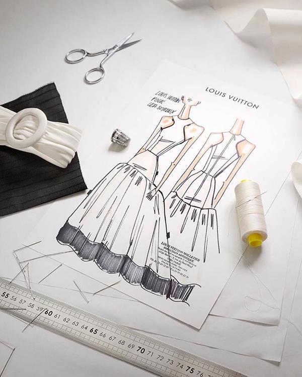 Croqui de vestido Louis Vuitton usado por Léa Seydoux no Oscar 2020