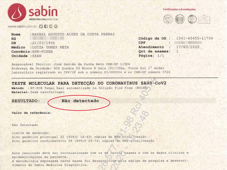 exame do presidente Jair Bolsonaro para coronavírus