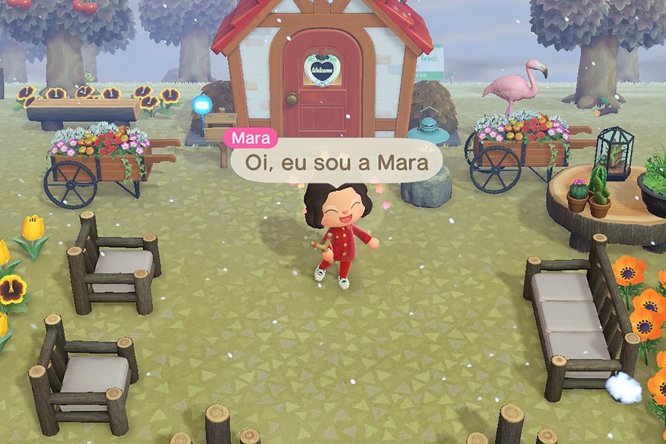 Modelo virtual Mara, da marca Amaro, como personagem do jogo Animal Crossing: New Horizons