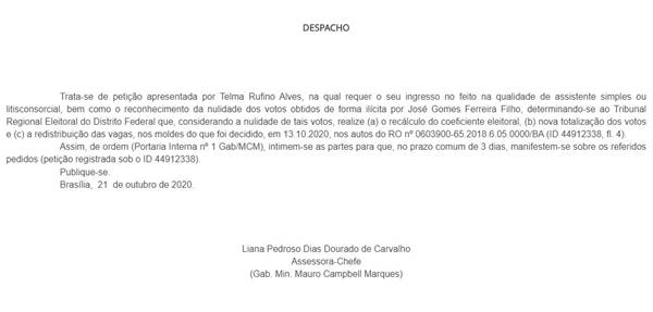 Telma Rufino pediu ao Tribunal Superior Eleitoral (TSE) anulação de votos de José Gomes
