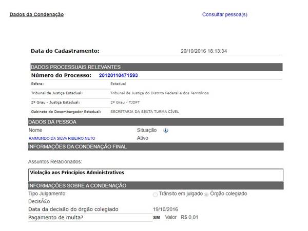 Condenação de Raimundo Ribeiro a pagamento de multa consta em site do Conselho Nacional de Justiça (CNJ)