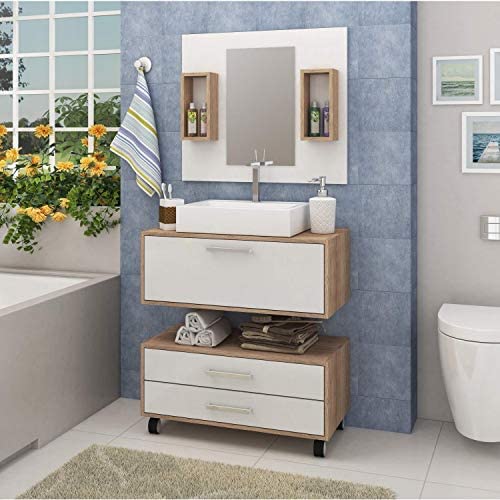 Conjunto para banheiro com espelheira, cuba, gabinete suspenso e gaveteiro, da Siena Móveis