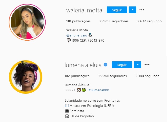 Waleria e Lumena seguidores no Instagram