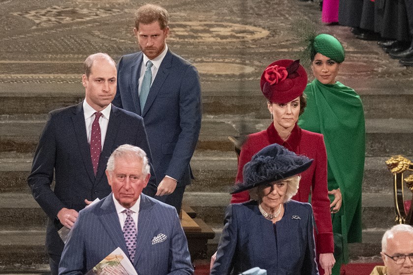 Príncipe Charles, Camilla Parker Bowles, príncipe William, Kate Middleton, príncipe Harry e Meghan Markle