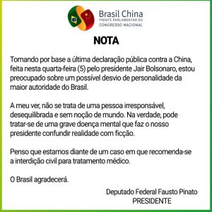 Frente Parlamentar Brasil-China reagiu às falas do presidente Jair Bolsonaro de que a China teria "criado" o novo coronavírus
