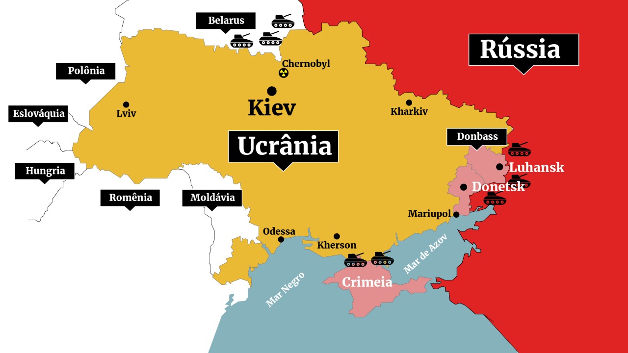 Mapa mostra tropas russas cercando a Ucrânia