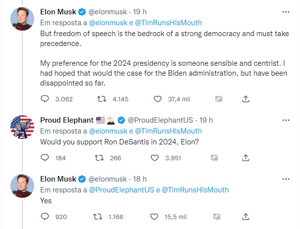 Tuítes de Elon Musk que mostram apoio a Ron DeSantis em 2024