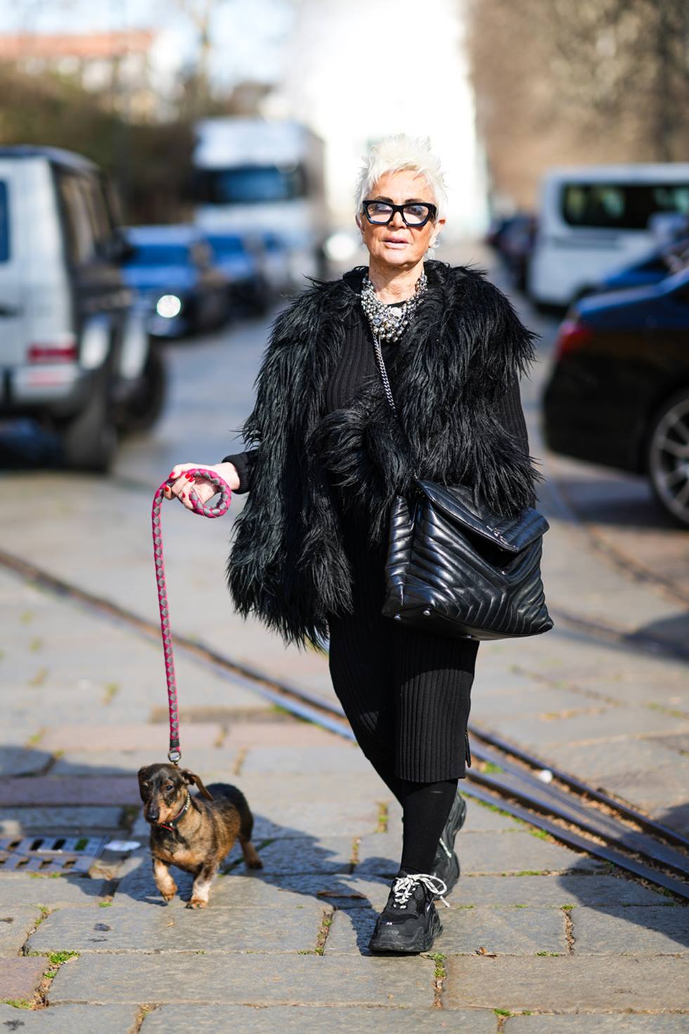 Mulher idosa e branca, de cabelo branco curto, andando pela rua, passeando com seu cachorro. Ela usa casaco e calça, além de um sobretudo peludo, tudo na cor preta, e uma bolsa transversal preta de couro da marca Saint Laurent. O modelo se chama Loulou. - Metrópoles