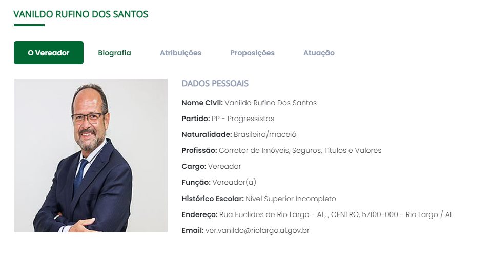 Imagem colorida de perfil de Vanildo Rufino dos Santos, vereador cassado por compra de votos, no site da Câmara Municipal de Rio Largo - Metrópoles
