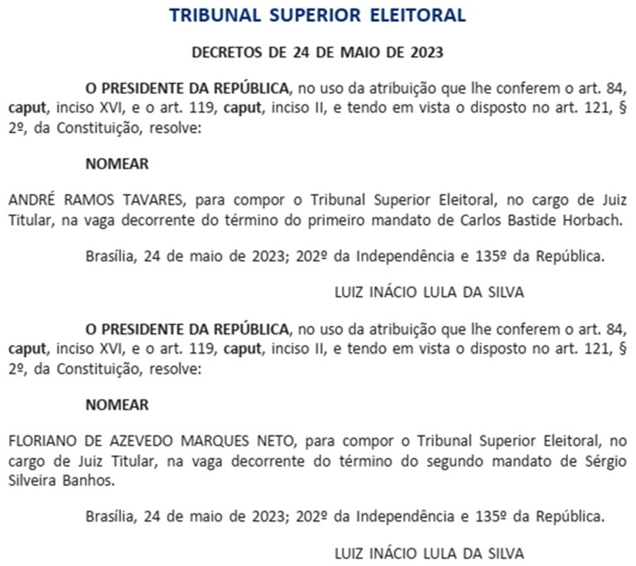 Imagem colorida mostra publicação no Diário Oficial da União com nomes nomes para o TSE