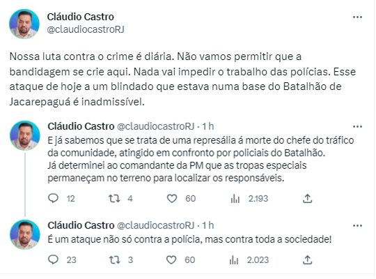 Captura de tela da declaração no perfil do Twitter do governador Cláudio Castro - Metrópoles