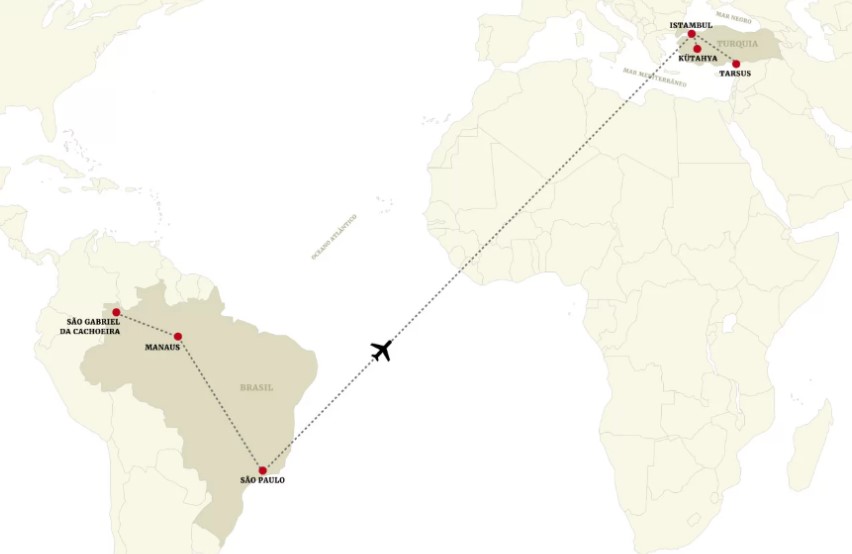 Mapa do caminho de indígenas do Amazonas para a Turquia - Metrópoles
