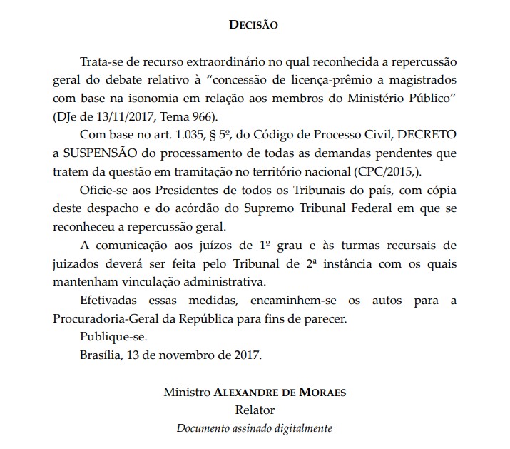Frame de um documento do Supremo Tribunal Federal referente ao pagamento de licença-prêmio para juízes do Brasil - Metrópoles