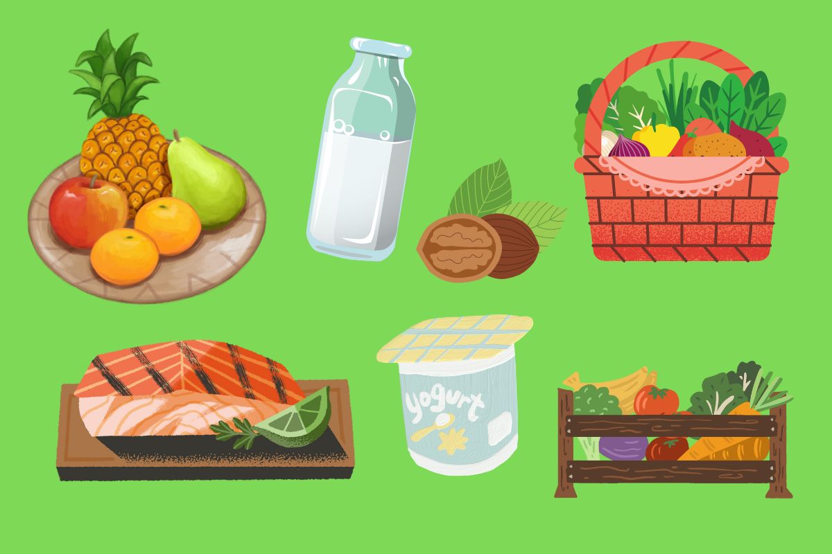 Ilustrações de vários alimentos saudáveis com o fundo verde - Metrópoles