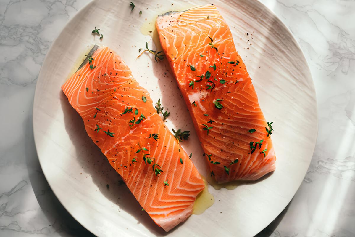 Foto colorida de duas fatias de salmão em um prato branco. Há ervas finas em cima dos peixes - Metrópoles