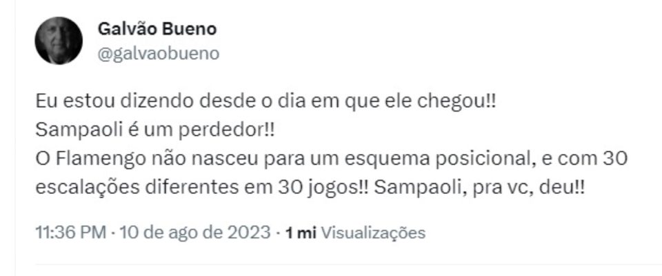Galvão Bueno pede demissão de Sampaoli do Flamengo - Metrópoles