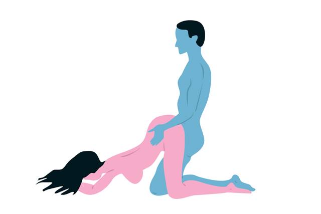 Ilustracolorida em azul e rosa de posição sexual com a mulher de quatro - Metrópoles