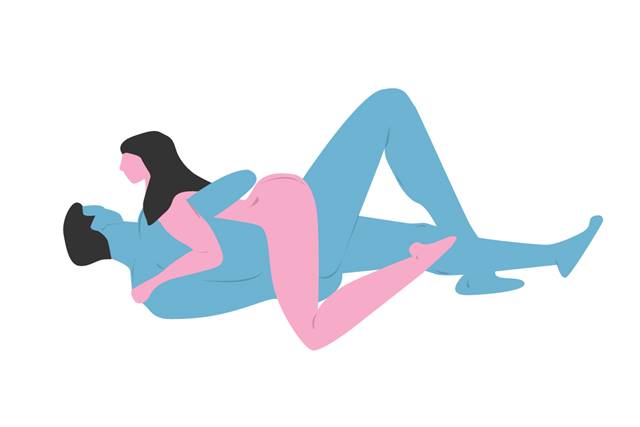 Ilustração colorida em azul e rosa de posição sexual com a mulher por cima - Metrópoles