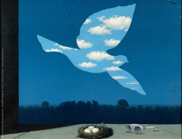 Pintura digitalizada com referências do artista René Magritte em campanha de óculos - Metrópoles
