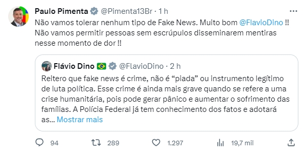 Captura de tela de post de Paulo Pimenta sobre fake news contra Lula - Metrópoles
