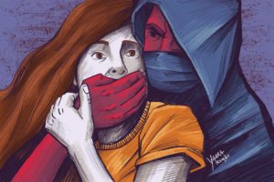 Ilustração colorida mostra mulher sendo silenciada por homem encapuzado