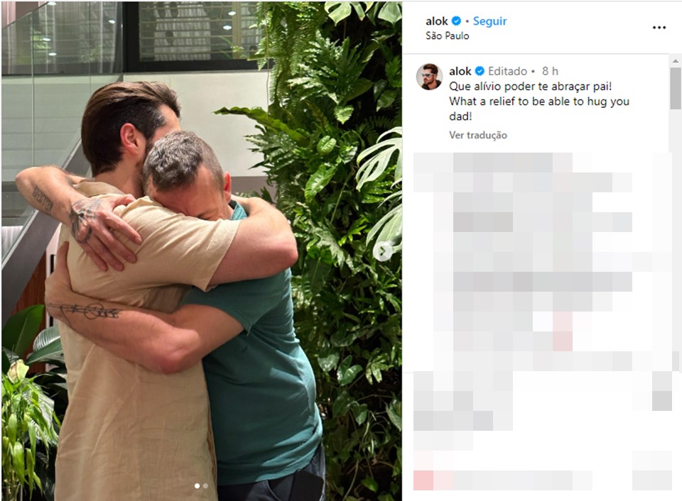 Imagem colorida mostra post publicado pelo DJ Alok no encontro com o pai após ataque do Hamas a rave em Israel - Metrópoles