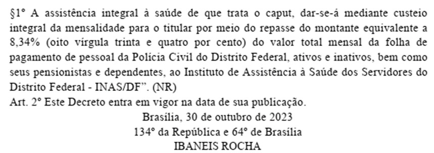 Imagem de decreto publicado no Diário Oficial do DF que prevê reajuste no repasse da PCDF ao GDF Saúde