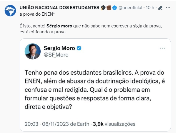 Imagem colorida de resposta da UNE sobre tweet do senador Sergio Moro sobre o Enem - Metrópoles