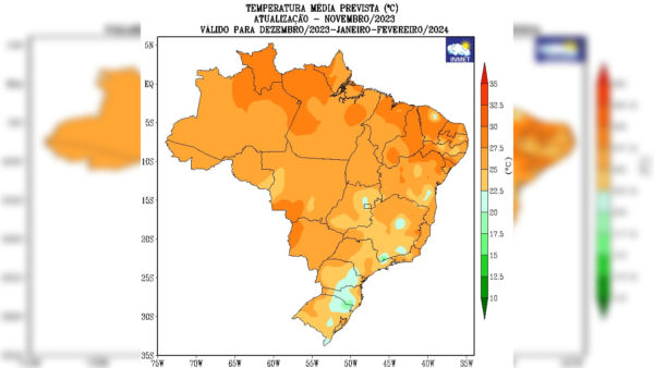 Imagem colorida mostra temperatura média prevista para o Brasil entre dezembro/2023 e fevereiro/2024 - Metrópoles