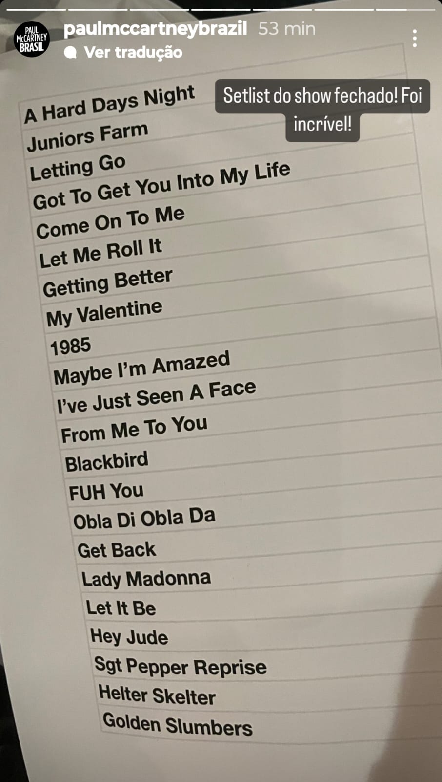 Imagem da setlist cantanda por Paul McCartney no Clube do Choro em Brasília