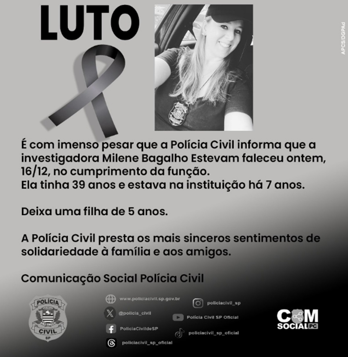 Foto em preto e branco de Milene Bagalho, policial morta em SP