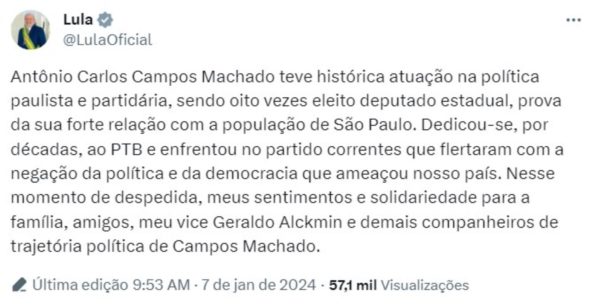 Mensagem do presidente Lula sobre Campos Machado, morto no sábado (6/1) - Metrópoles