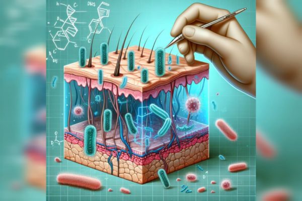 Ilustração emonstra a pele humana modificada para receber as bactérias contra a acne