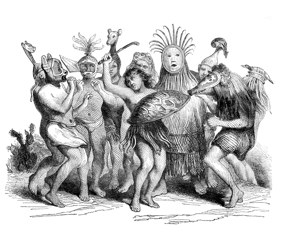 Ilustração de Nativas indígenas da província do Pará no Brasil dançando com máscaras - metrópoles