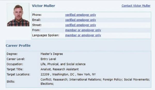 Ficha de contato de Victor Müller, identidade usada por Sergey Cherkasov
