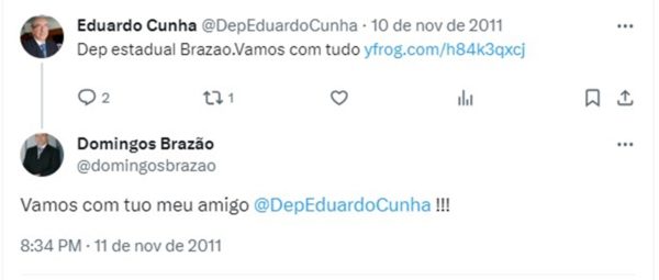Imagem mostra troca de mensagens nas redes sociais entre Eduardo Cunha e Domingos Brazão