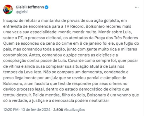 Imagem colorida de comentário da presidente do PT, Gleisi Hoffman sobre entrevista de Bolsonaro