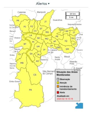 foto colorida de mapa do CGE, que coloca toda a capital paulista em atenção para alagamentos na tarde deste domingo - Metrópoles