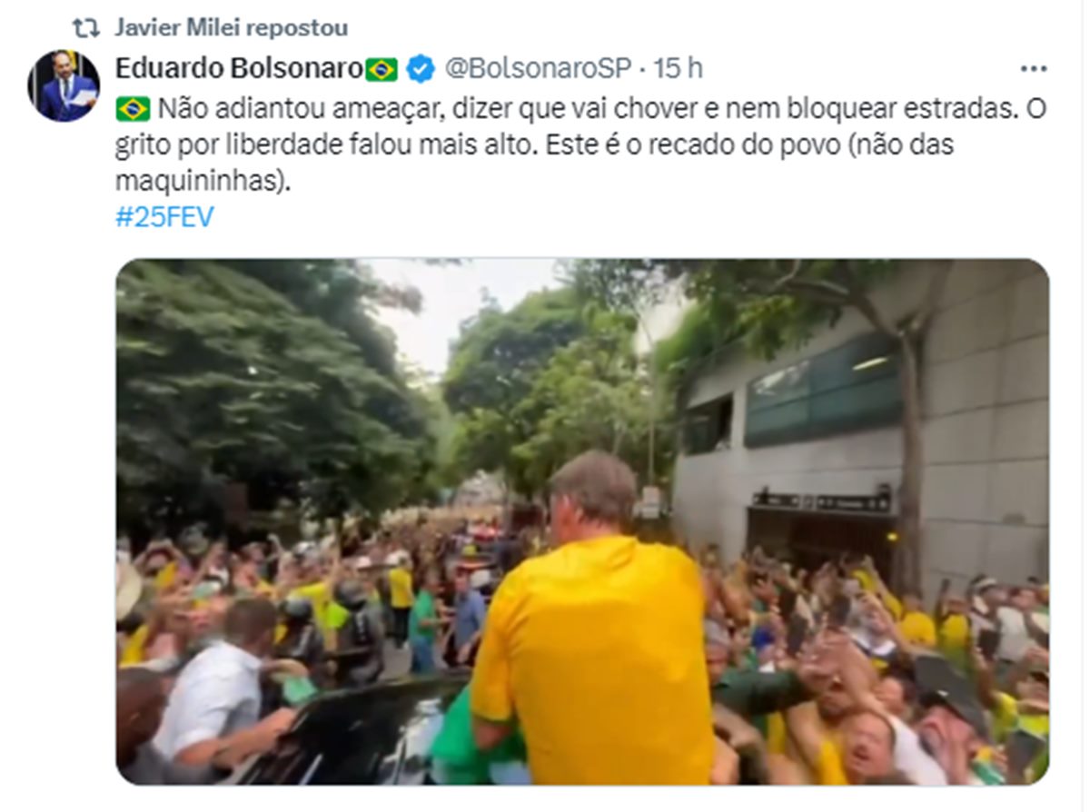 Javier Milei republica vídeo em apoio a Bolsonaro, que descredibiliza as urnas eletrônicas - Metrópoles