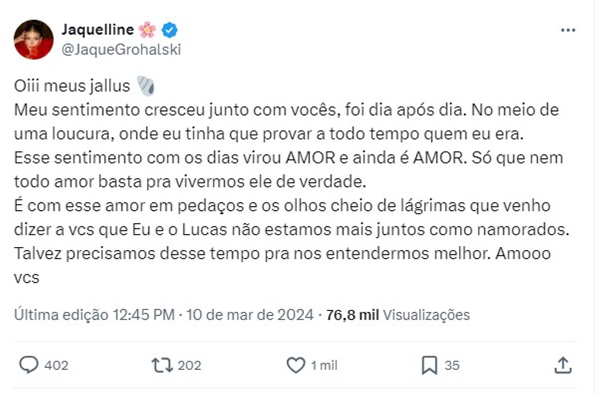 Jaquelline Grohalski Termina Namoro Com Lucas Souza, Ex-Jojo Todynho ...