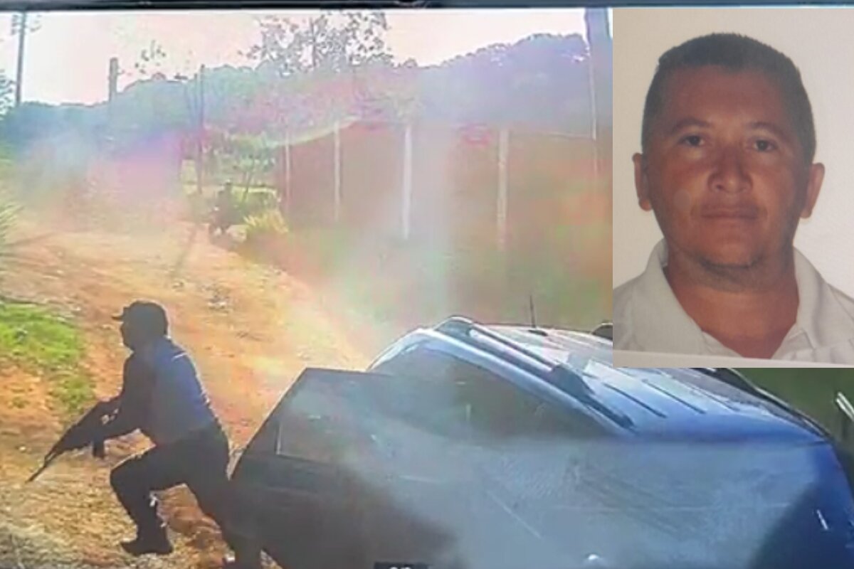Foto colorida de silhueta de homem armado correndo com fuzil - Metrópoles