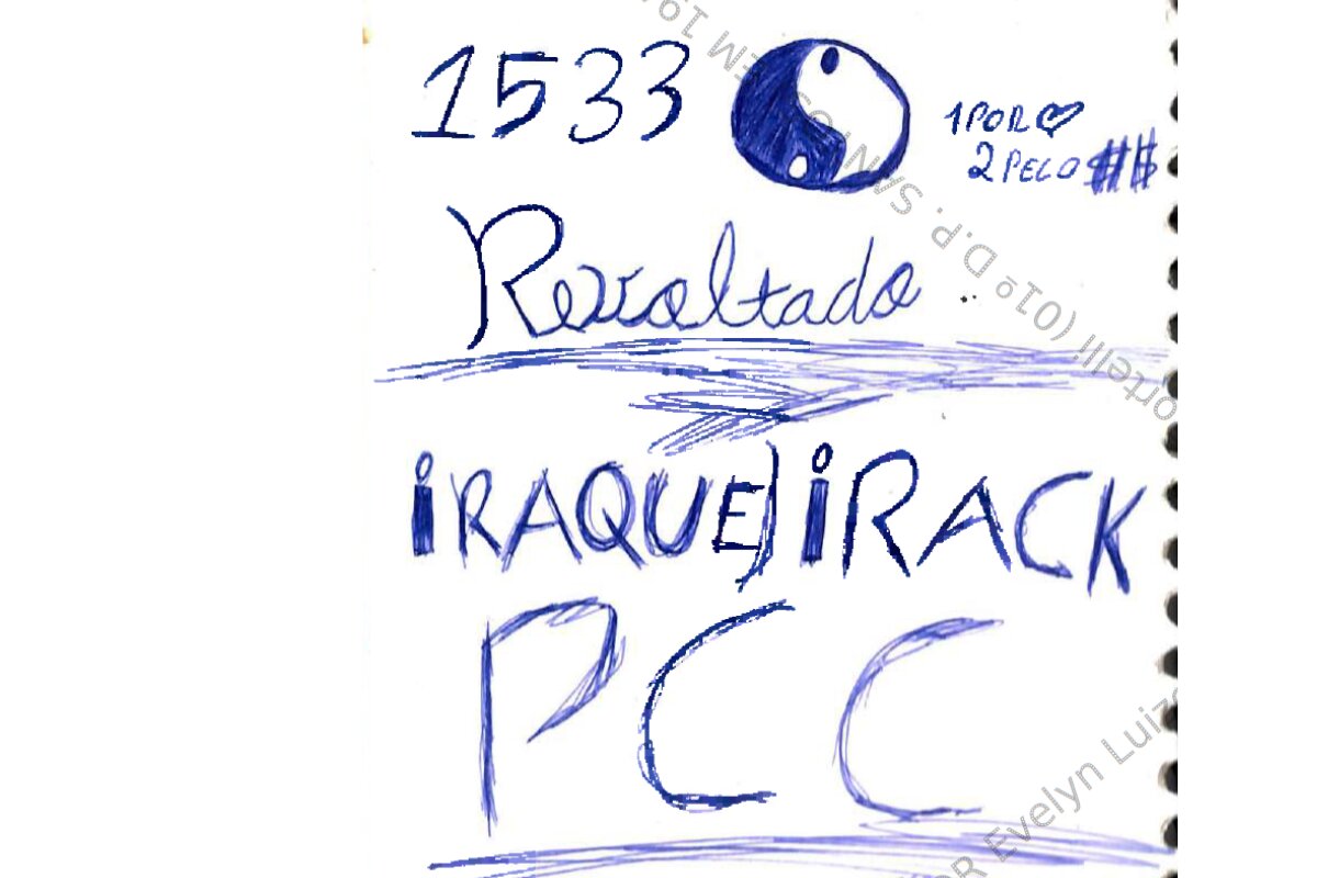 Reprodução colorida de folha de caderno branca, sobre a qual está escrito, com caneta azul, PCC, Iraque, 15333 e o símbolo ying yang - Metrópoles