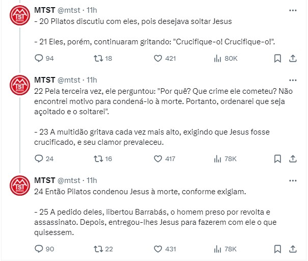 Imagem de reprodução do Twitter do MTST respondendo críticas sobre postagem de cristo na sexta-feira santa
