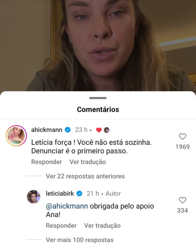 Print de Ana Hickmann sobre agressão sofrida por Leticia Birkheuer - Metrópoles