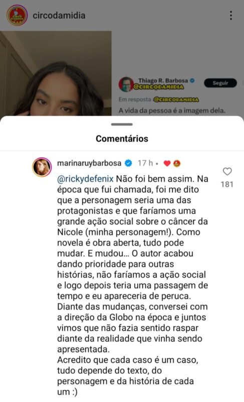Print de Marina Ruy Barbosa sobre não ter raspado os cabelos em novela - Metrópoles